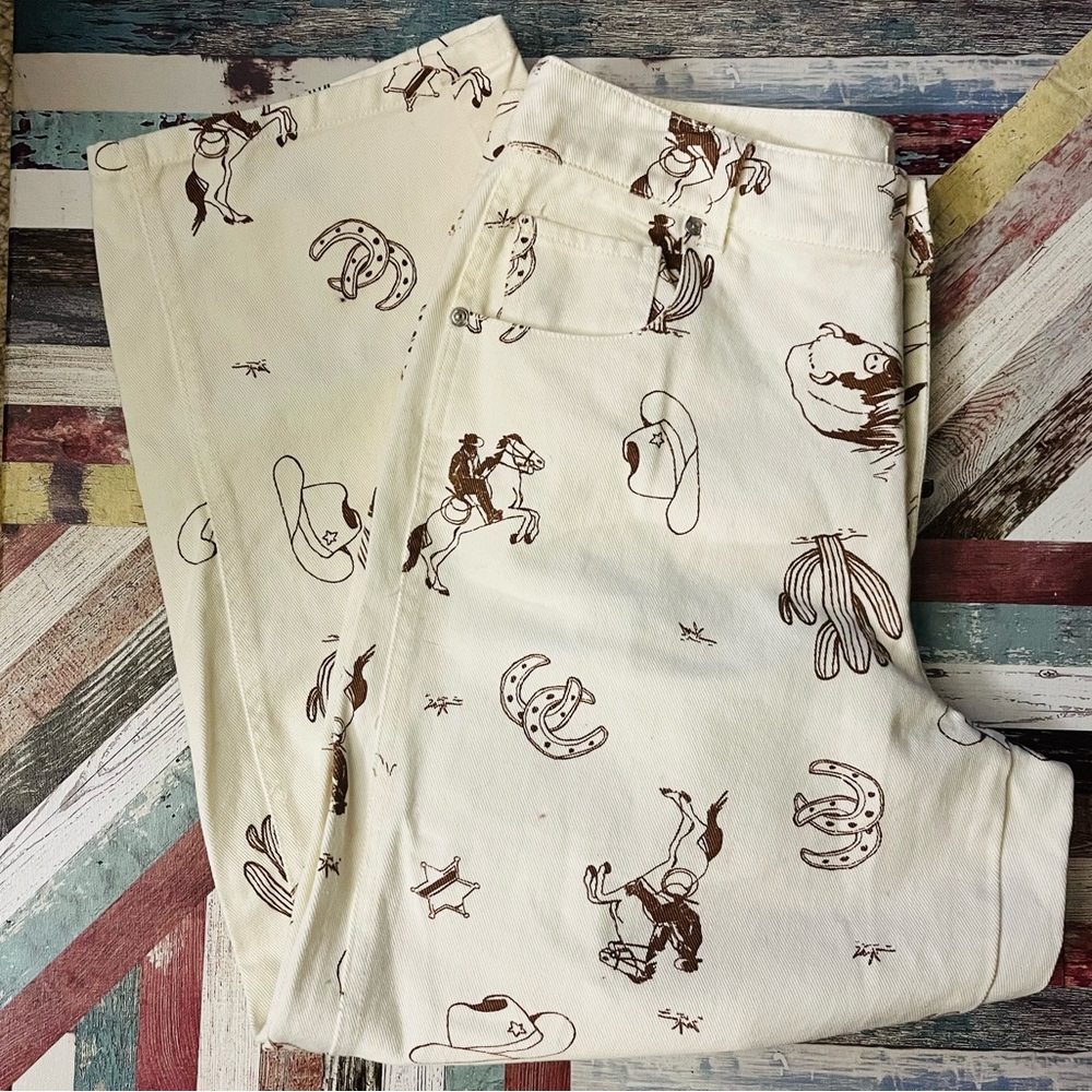 Cali 1850 Western All Over Printed Barrel Pants NWT Relaxed Crop Ivory/Brown 11 - Picture 3 of 12